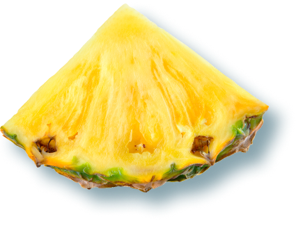 A close-up of a chunk of pineapple with vibrant yellow flesh