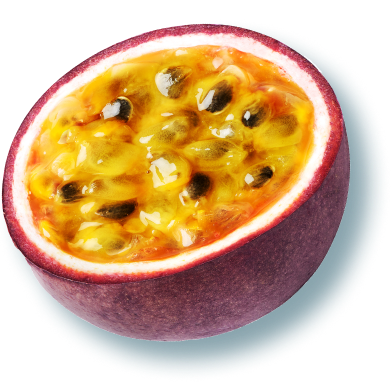 A close-up of a passion fruit sliced open