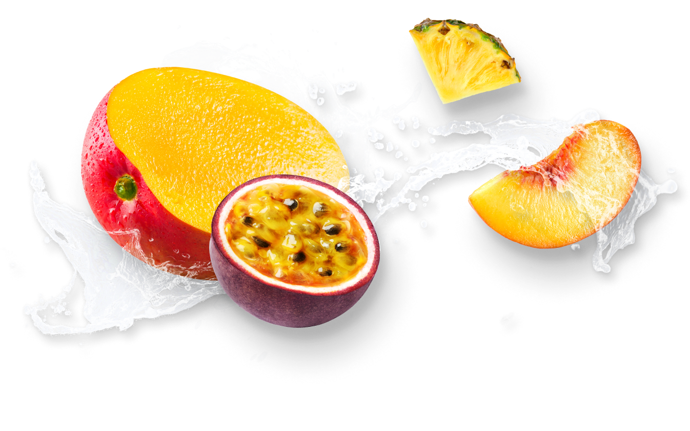 Eine saftige Explosion aus Mango, Passionsfrucht, Ananas und Pfirsich
